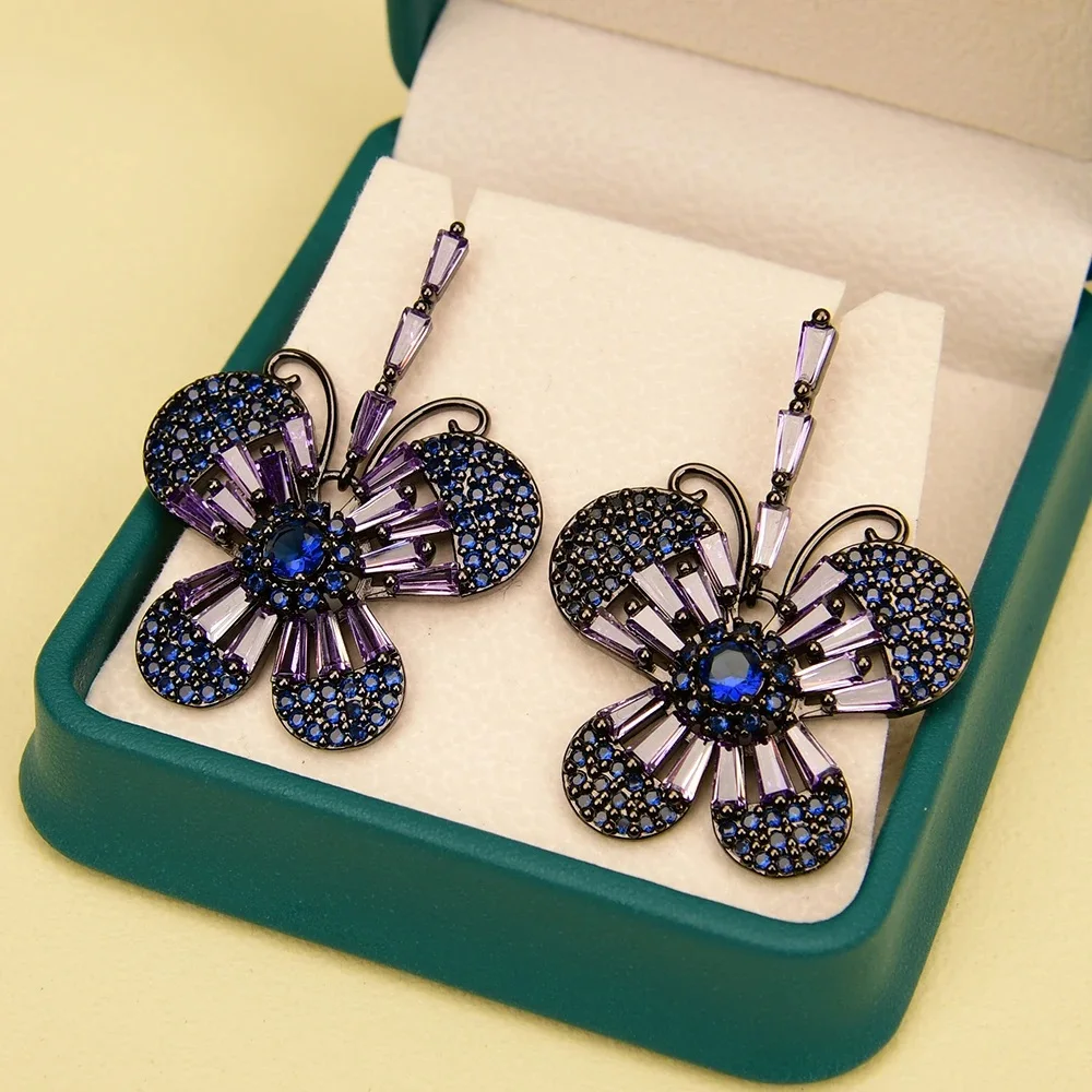 

Cz Crystal Pave Butterfly Shape Gunmetal Dangle Drop Stud Earrings For Women Gift Wedding Studs Earrings