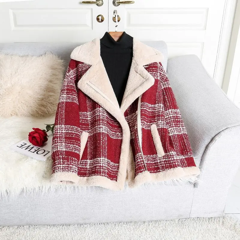 Mingyuan Xiaoxiangfeng Short Coat Women's New Korean Version Loose Plush Checkered Woolen Coat Women's Coat