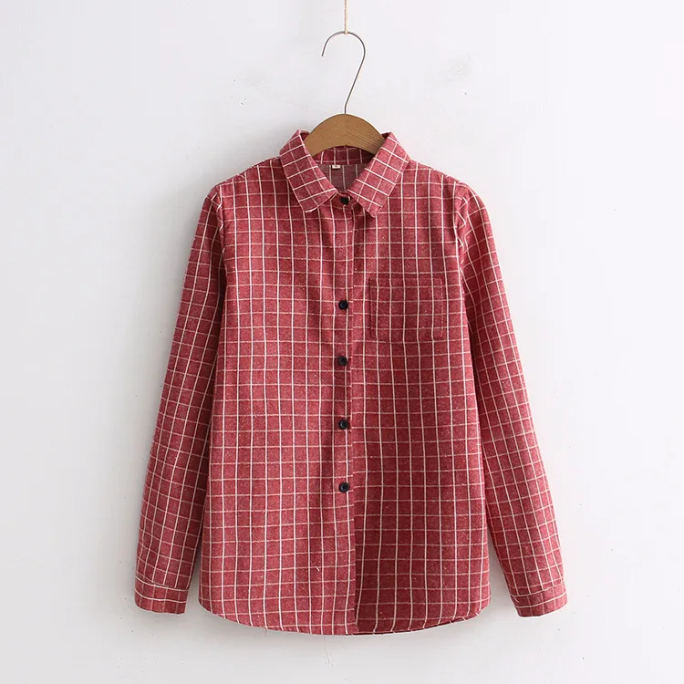 Women\'s Shirt 2023 New Plaid Shirt Women Cotton Casual Long Sleeve Blouses Tops Office Ladies Checked Clothes Khaki Red Black