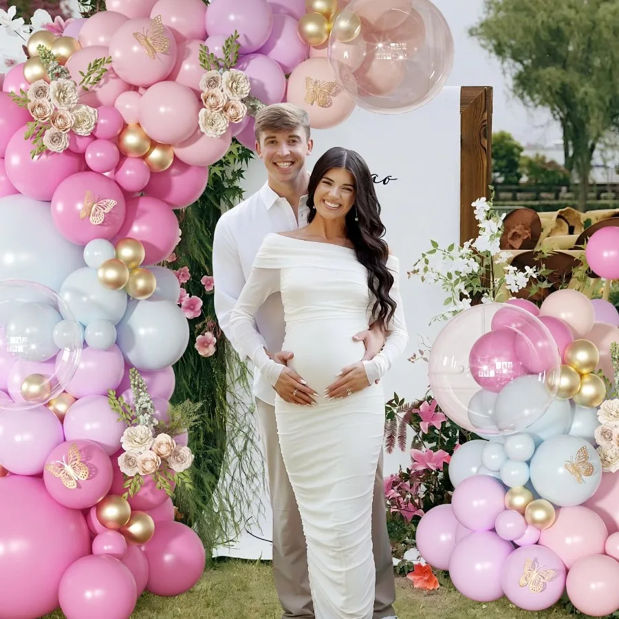 Kit de arco de globos rosa claro y azul con guirnalda de globos de princesa dorada, rosa y naranja para boda, cumpleaños, Baby Shower G