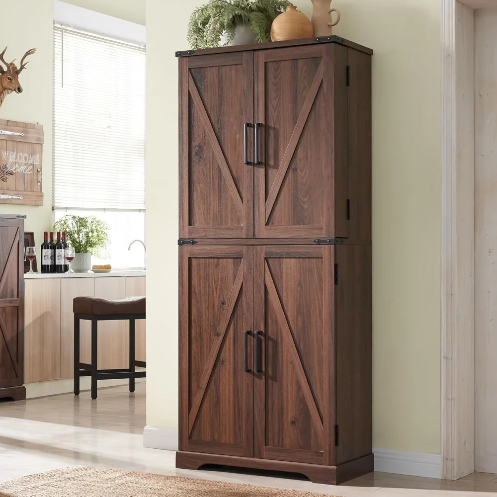 

72" Tall Kitchen Pantry, Farmhouse Storage Cabinet with Barn Doors, Organizer, Drawer and Adjustable Shelves