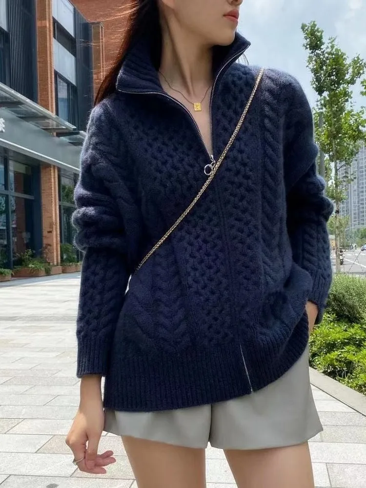 Autumn And Winter New Thick Turtleneck Cashmere Knitted Cardigan Women's Loose Wool Sweater Cardigan Larg Size Female Jacket Top