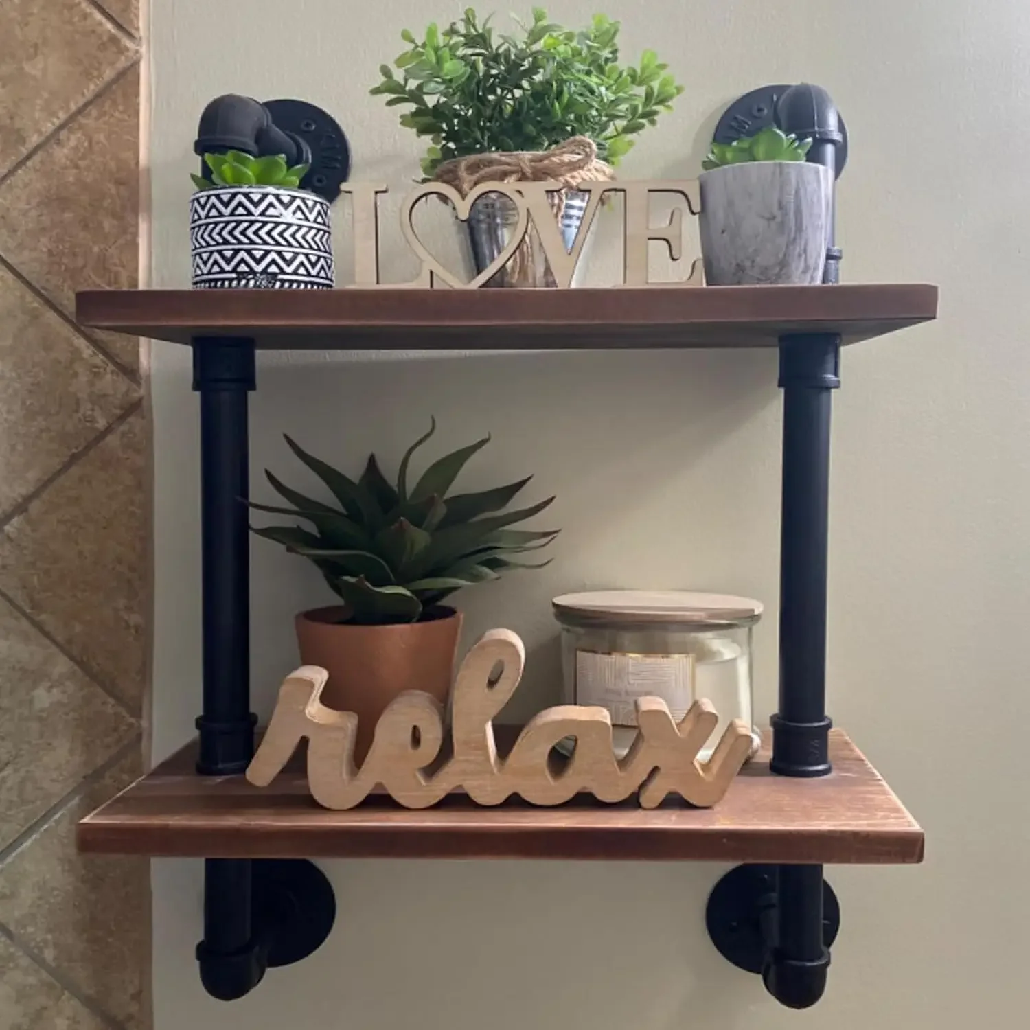 Estante de baño rústico, estante de pared de madera de 2 niveles para almacenamiento de granja, decoración para sala de estar, organizador montado de 15 pulgadas