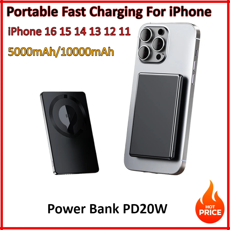 

10000mAh Ultra Slim Magnetic Wireless Power Bank PD20W Portable Fast Charging External Battery for Magsafe iPhone 16 15 14 13