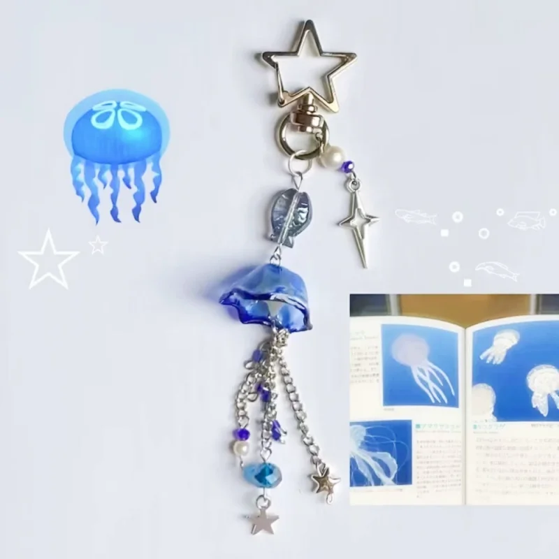 

Sea Theme Keychains Blue Jellyfish Keyring Blue Pink Jellyfish Small Fish Long Tassel Keychain Fashion Backpack Buckle Decor