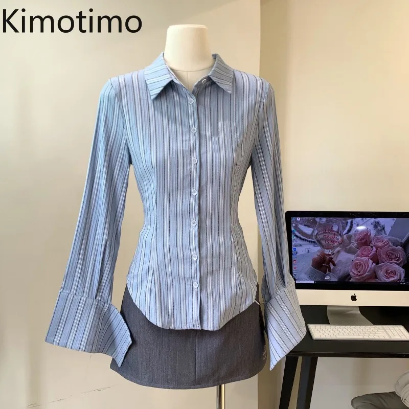 Kimotimo Spicy Girl Stripe Long Sleeve Shirt Autumn Slim Fit Waist Lapel Tops Vintage Fashion Y2k Aesthetic Office Lady Bouse