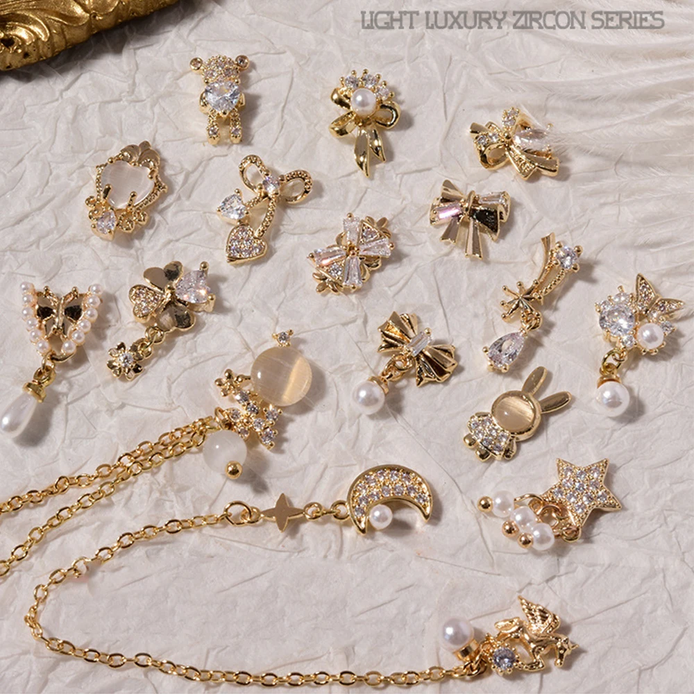 DIY Luxury Pearl Charms Opal Bear Nail Art Jewelry Crystal Pendant Chain Nail Art Decorations Nail Rhinestones