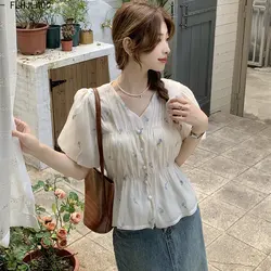 Cute Chic Peplum Tops Women Summer Korea Japan Style Design Slim Waist V Neck Short Flower Shirts Blouses Vintage