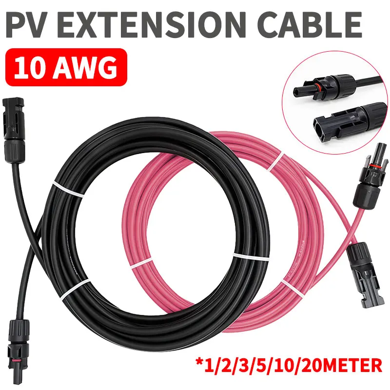 6 mm² 10AWG Extension Cable PV1-F Solar Panel Wire, Waterproof DC Connector Male & Female Pair for Photovoltaic System