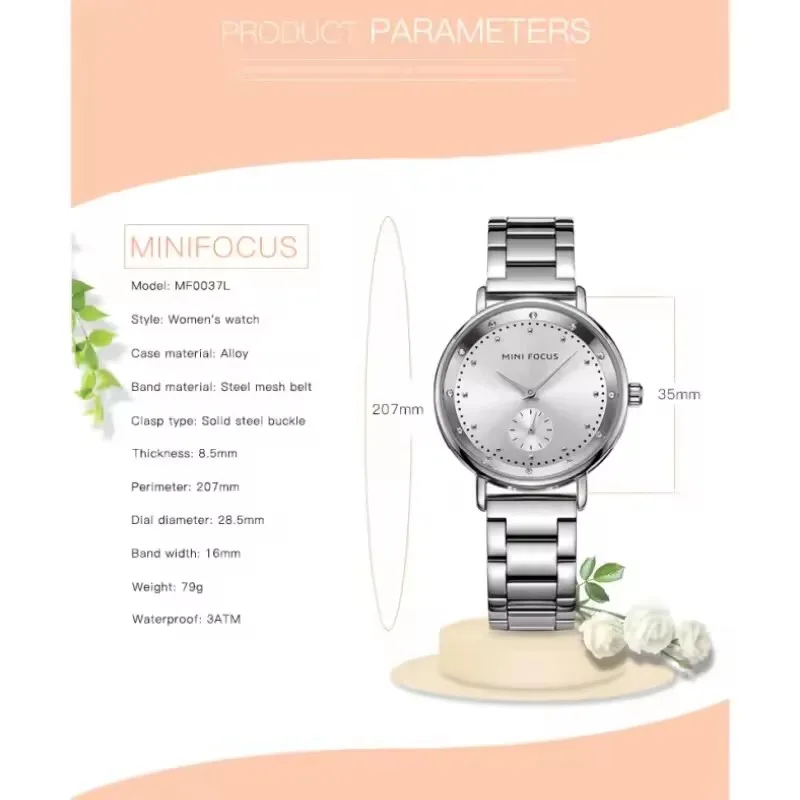 MINI FOCUS 0037 ساعات كوارتز أنيقة للمرأة الكلاسيكية مقاوم للماء حزام الصلب موضة فاخرة السيدات ساعة اليد montre فام #3