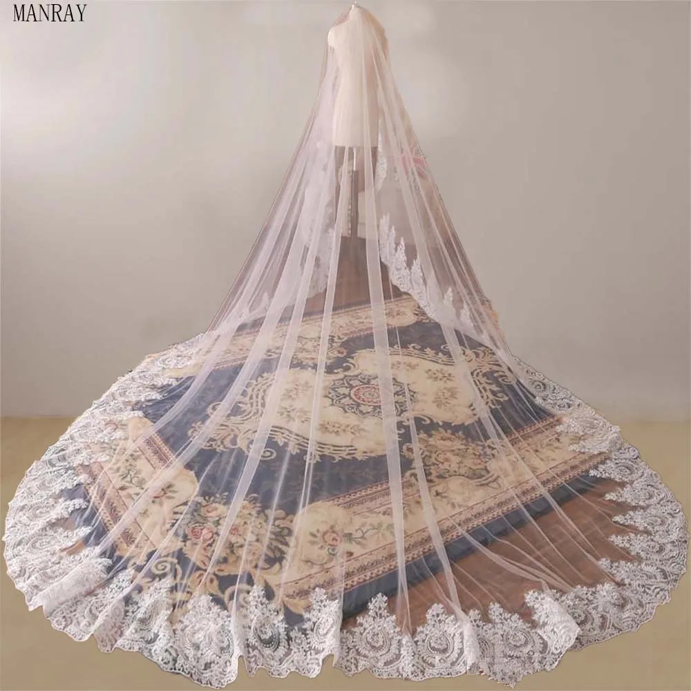 MANRAY 만든 1 레이어 신부 베일 레이스 대성당 빈티지 샘플 긴 웨딩 베일 Applique Pleats Tulle 맞춤 무료 빗