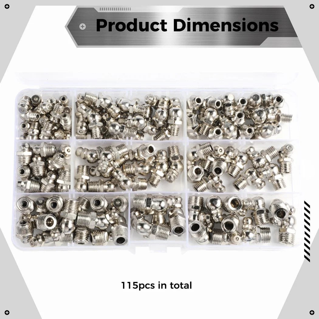 그리스 피팅 키트 금속 M6 M8 M10 스트레이트 45 도 90 도 제크 모듬 그리스 니플 피팅 모듬 도금 니켈, 115 개