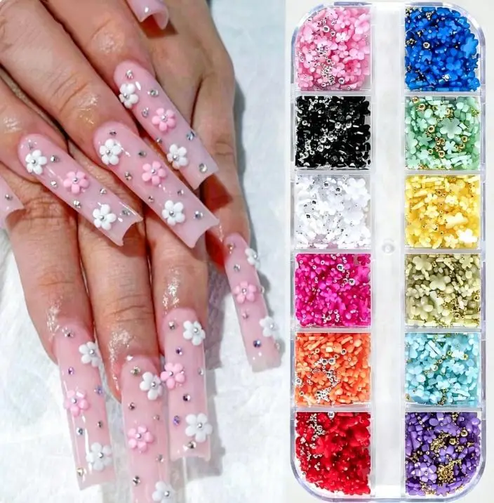 12-Fach Gemischtes Blumen-Nagelcharms-Set, 12-Farbige Gold-, Silber-Stahlkugeln & Strasssteine, DIY Nagelkunst-Dekorationen, Professionell – Detail 2