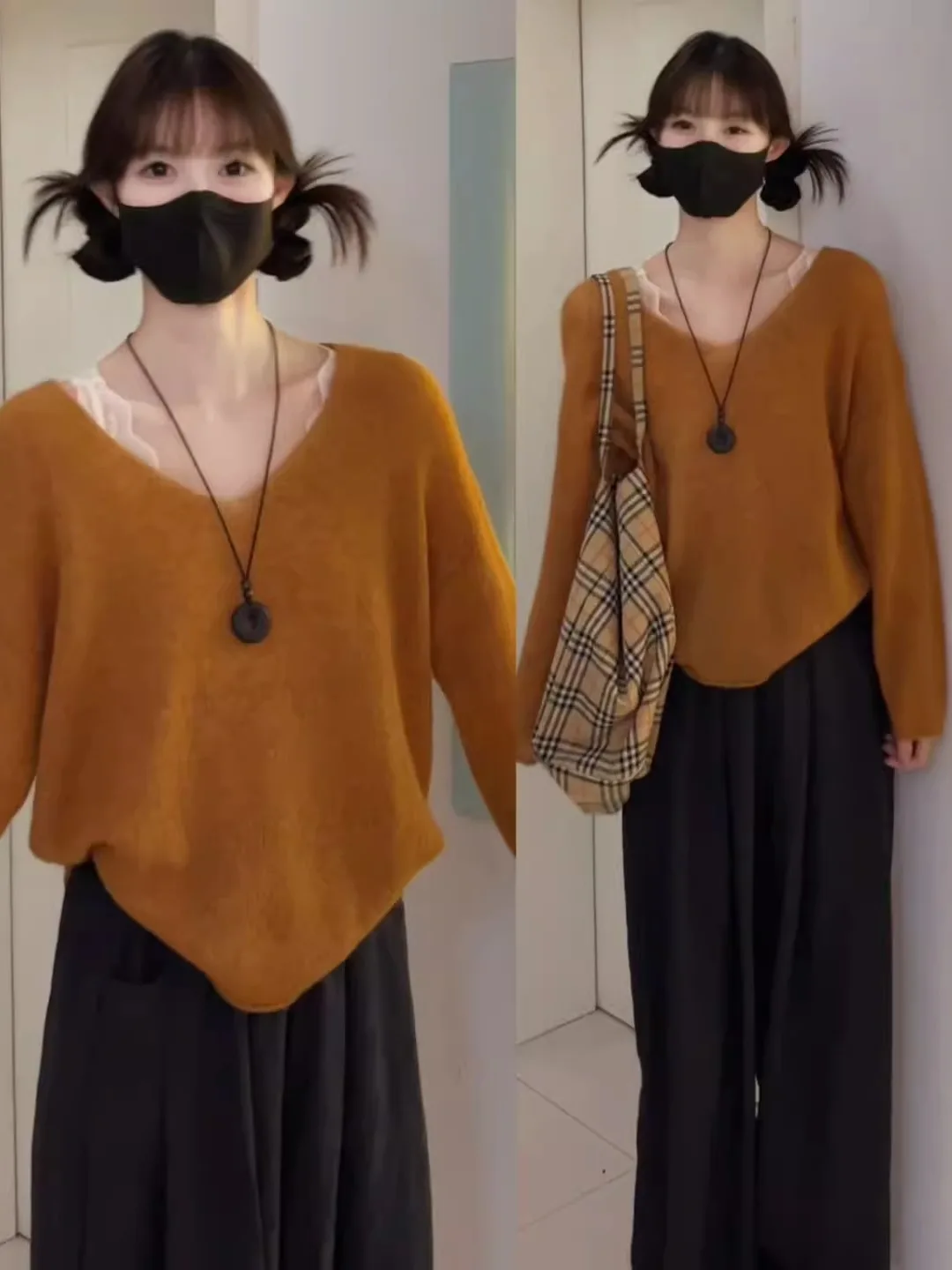 

Orange V-ne Knitted Sweater Women's Loose Fit Autumn Faion Casual Sle Thermal Long Sve Top for Outer Wear