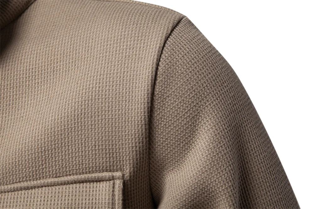 Autumn Winter Fleece Waffle Lapel Zip-Up Jacket Men's Pocket Casual Outerwear