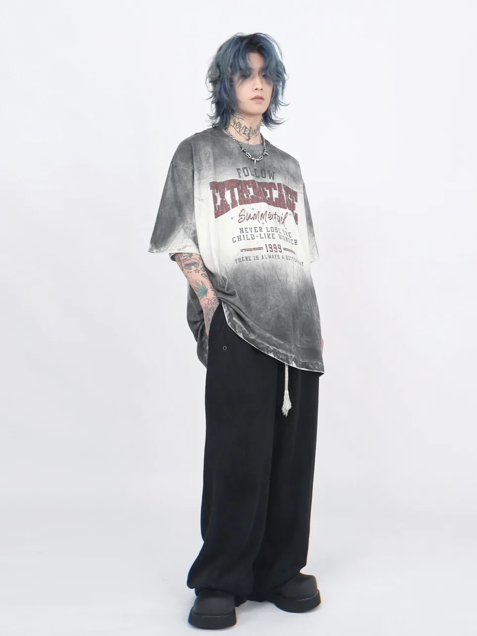 Summer American High Street Vintage Letter Print Gradient White Gray Short Sleeve Men's Street Style Design Half Sleeve T-Shirt