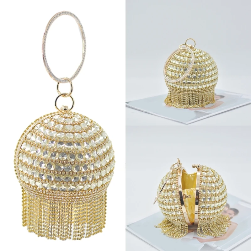 Womens Evening Bag Round Clutch Ball Shaped Handbag Crystal Tassels Purse