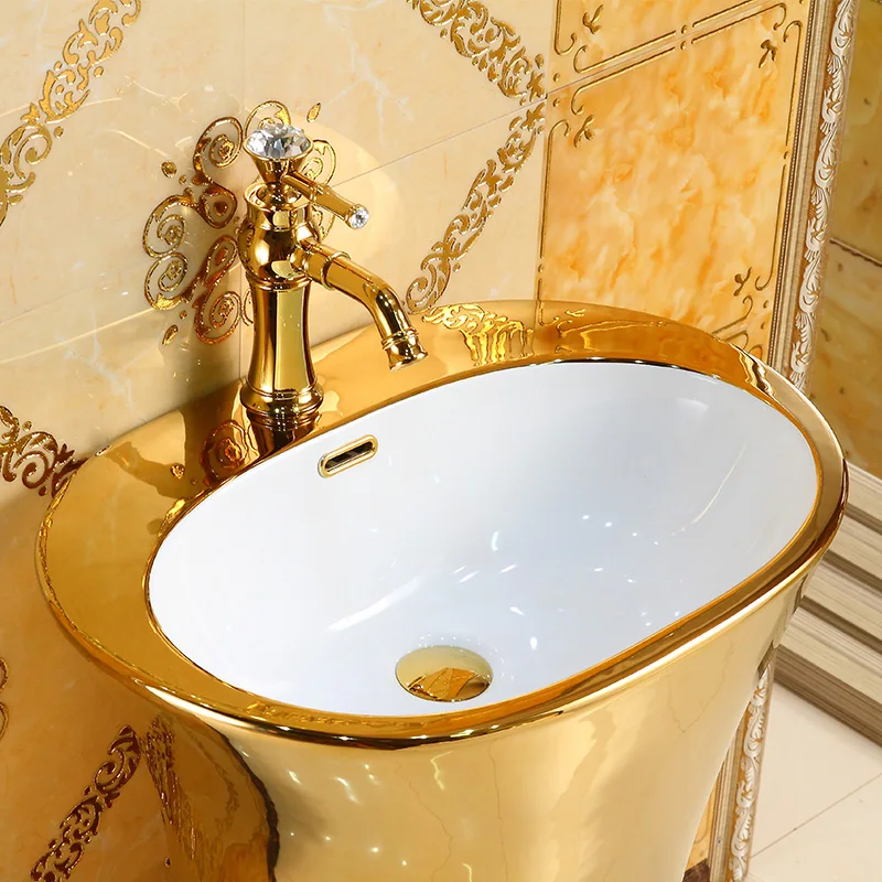 European style column basin integrated washbasin hotel column washbasin ceramic gold column basin floor standing basin