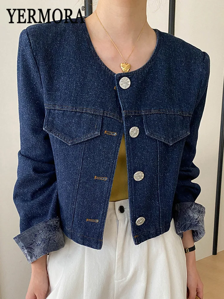 

YERMORA Women's Blue Jacquard Cuff Denim Jacket For Women O-Neck Long Sleeve Loose New Coat Fashion Tide Spring Autumn 2026