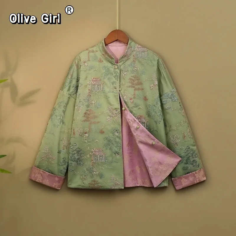 Olivegirl Embroidery Jacket Traditional Chinese Clothing Cheongsams Two-way Wear Women\'s Tang Style Brocade Buckle Top