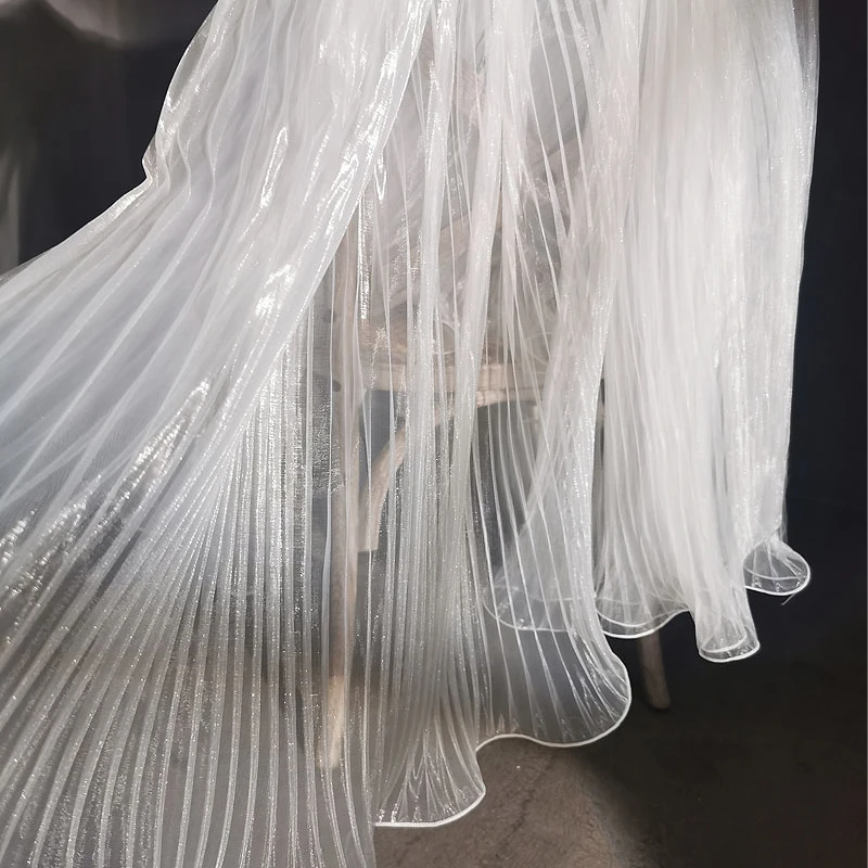 

Original White Accordion Pleated Large Wave Laser Organza Water Light Pleated Dress Fabric Designer Fabric