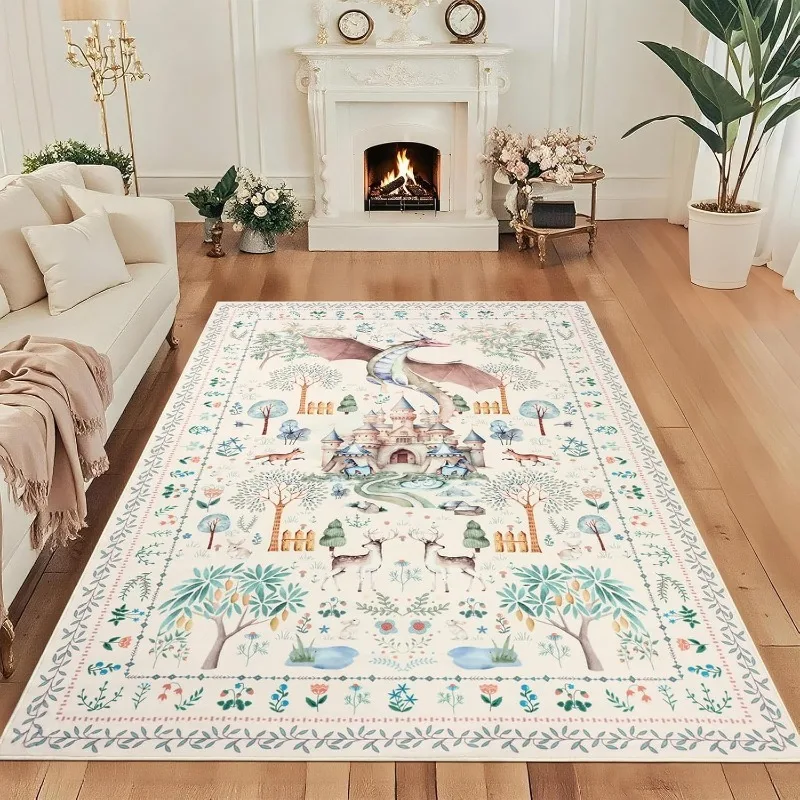 

Retro Plant Forest Pattern Living Room Carpet Sofa Coffee Table Non-slip Floor Mat Foldable Machine Washable Bedroom Soft Rug 러그