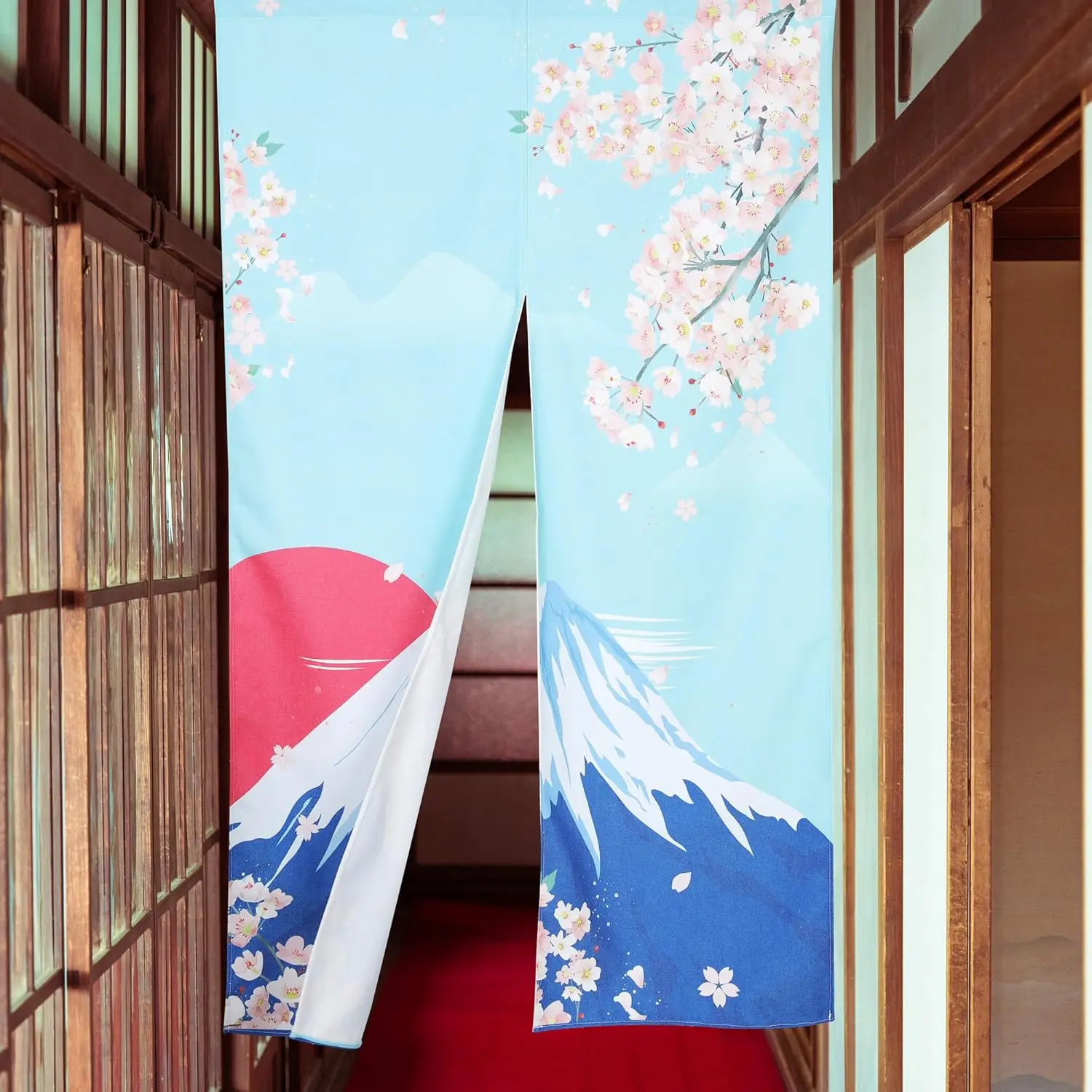 Japanese Mount Fuji Noren Curtain, Cherry Blossom & Red Sun Print, Door Curtain for Home Entrance Bedroom Living Room Decor