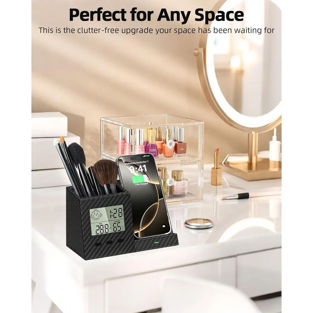 Wireless Charging Desk Organizer with Digital Thermometer, Humidity Monitor, and Storage for Home Office