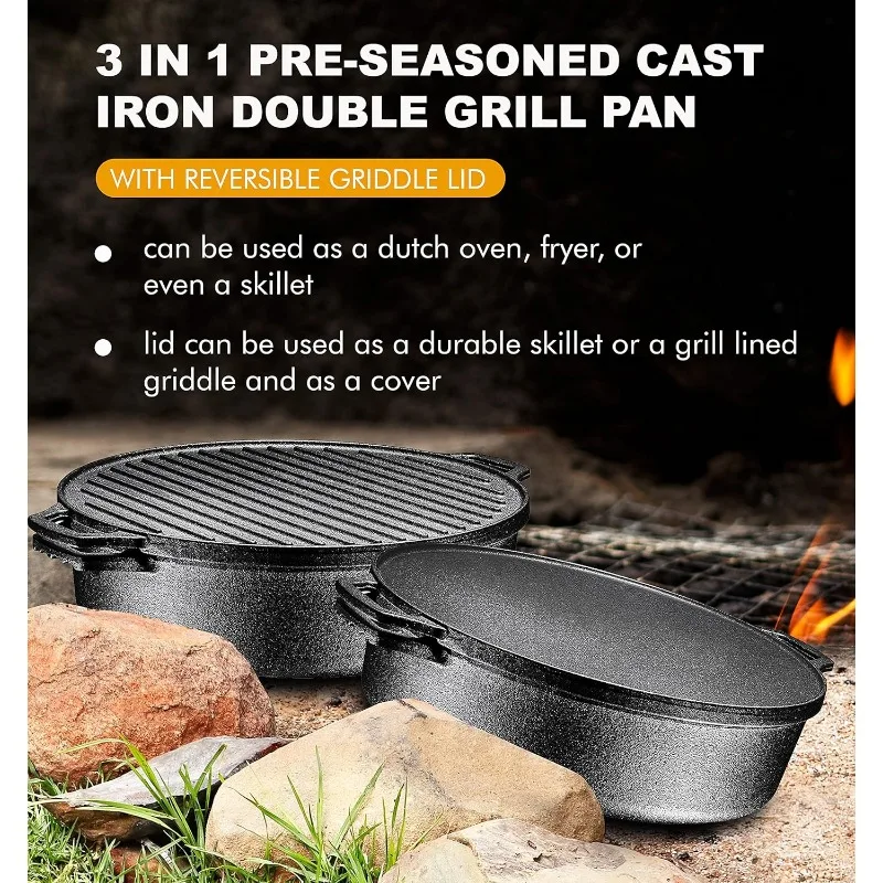 Bruntmor 3-In-1 Pre-Seasoned Cast Iron Skillets Round Deep Roasting Pan With Reversible Grill Griddle Lid, Non-Stick Open Fire