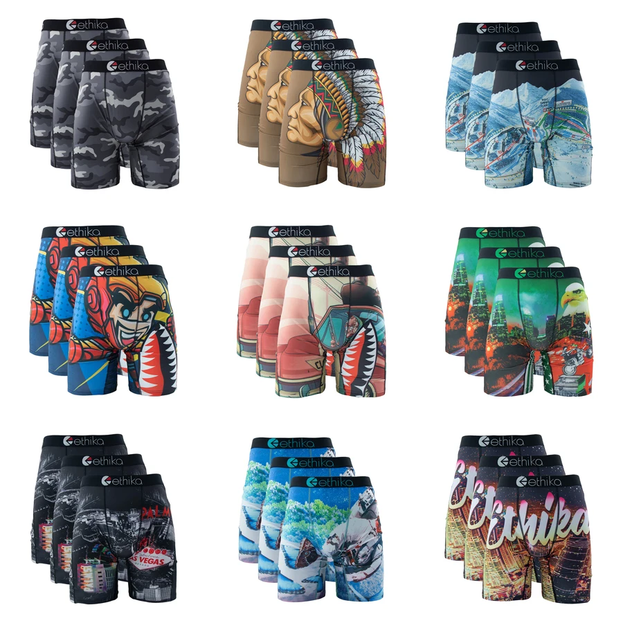 

Мужские трусы-боксеры ETHIKA, 3 шт., с дышащей сеткой, больших размеров, с принтом