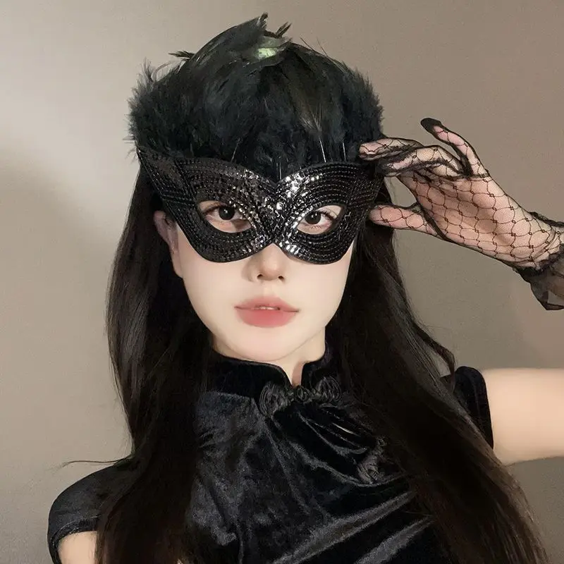 

Feather Women Masquerade Masks Full Sequins Headwear Carnival Sexy Showgirl Party Cosplay Prom Accessories Halloween Christmas