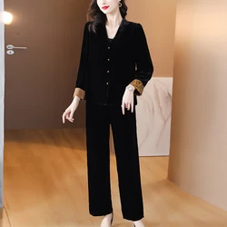 2024 Stripe Black velvet Pants Loose Sets Summer Batwing Sleeve Casual Two Pieces Sets Women Elegant Vintage Party Ladies Suits