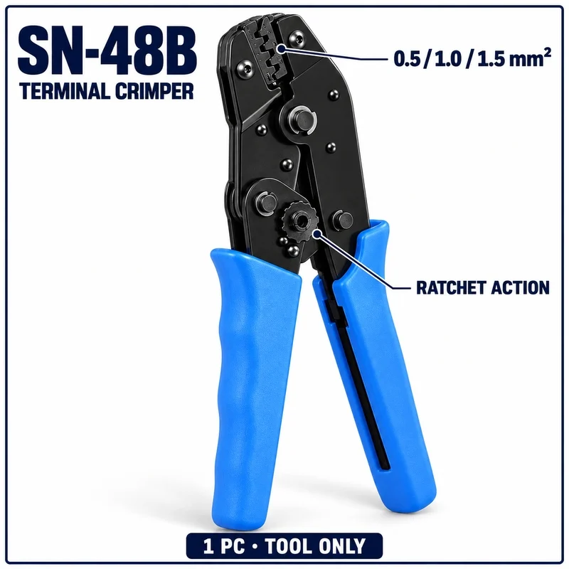 SN-48B Manual Ratchet Terminal Crimper 0.5 1.0 1.5mm2 Blue Handle Crimping Pliers for Electrical Wire Harness Repair 1PC