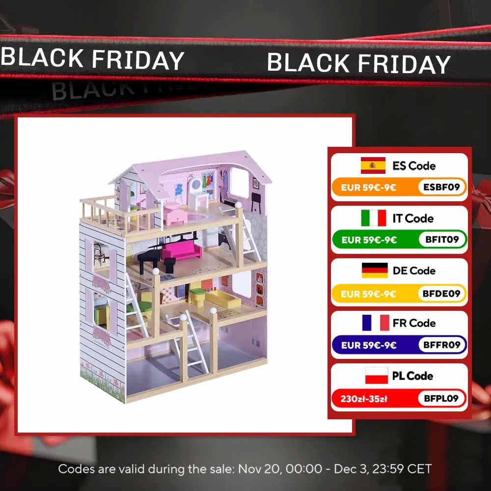 HOMCOM-Casa de Muñecas con Muebles, 4 Niveles, Altura 80,5cm, 13 Accesorios, Rosa