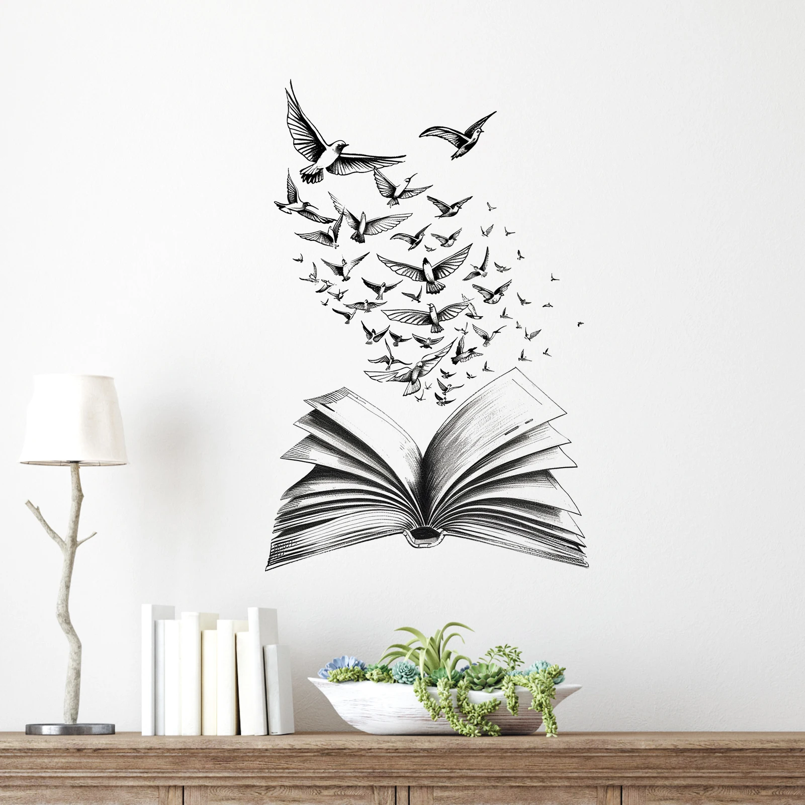2pcs Open Book Flying Birds Wall Decal Removable Peel and Stick Home Decor for Study Library Wall Art