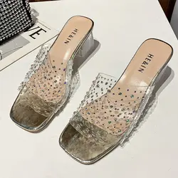 2024 Fashion PVC Transparent Rhinestone Slippers Women Sexy High Heels Square Toe Ladies Shoes Shallow Sandals Slippers Women