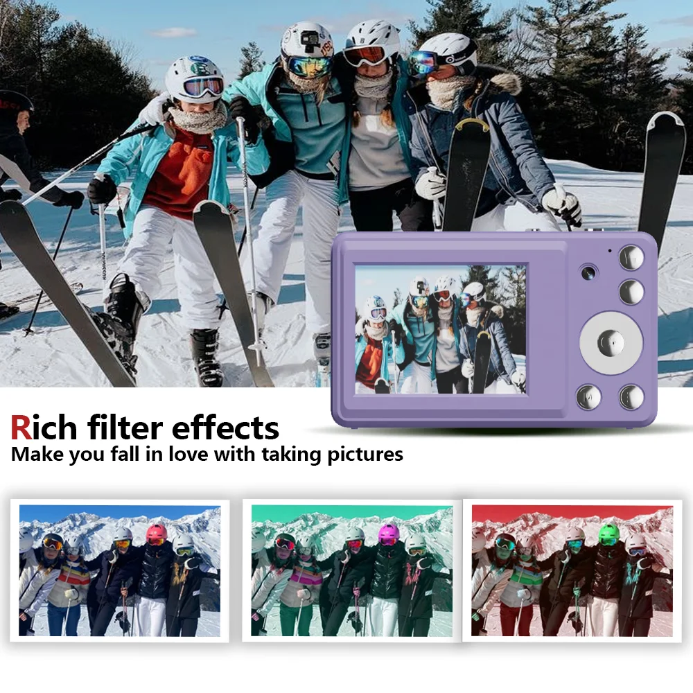 Câmera digital HD com câmera dupla frontal e traseira com cordão, três cores, câmera portátil para esportes ao ar livre