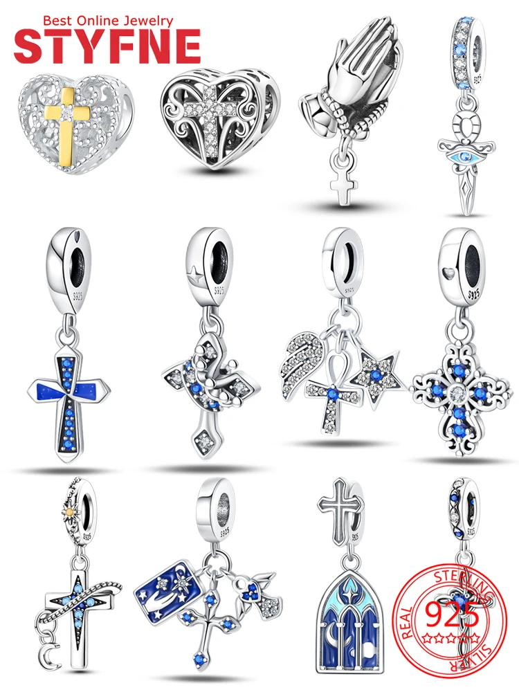 

Серебряные подвески 925, религиозная серия, крест любви, блестящий циркон, синий крест, четки, ручные бусины, кулон, подходит для браслета «сделай сам», ювелирное изделие, подарок