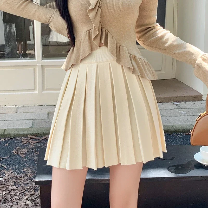 Knitted pleated skirt midi skirt 202 autumn and winter high waist slimming pleated college style short stature A-line skirt