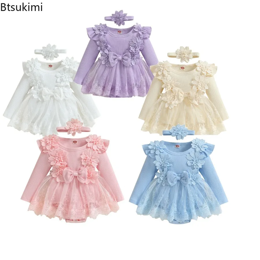 New Infant Toddler Girl Romper Dress Newborn Baby Mesh Tull Dress Romper Flowers Lace Fall Winter Festival Clothes with Headband