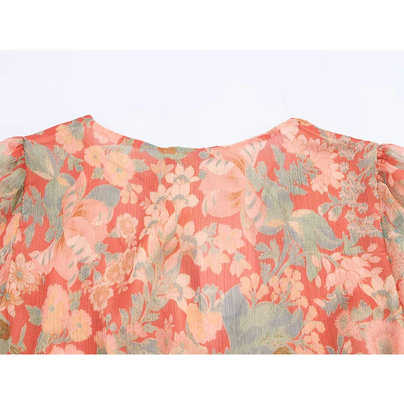 Nuove donne vintage manica a sbuffo scollo a V stampa floreale abito corto pizzo vita a-line autunno abiti casual abiti in chiffon
