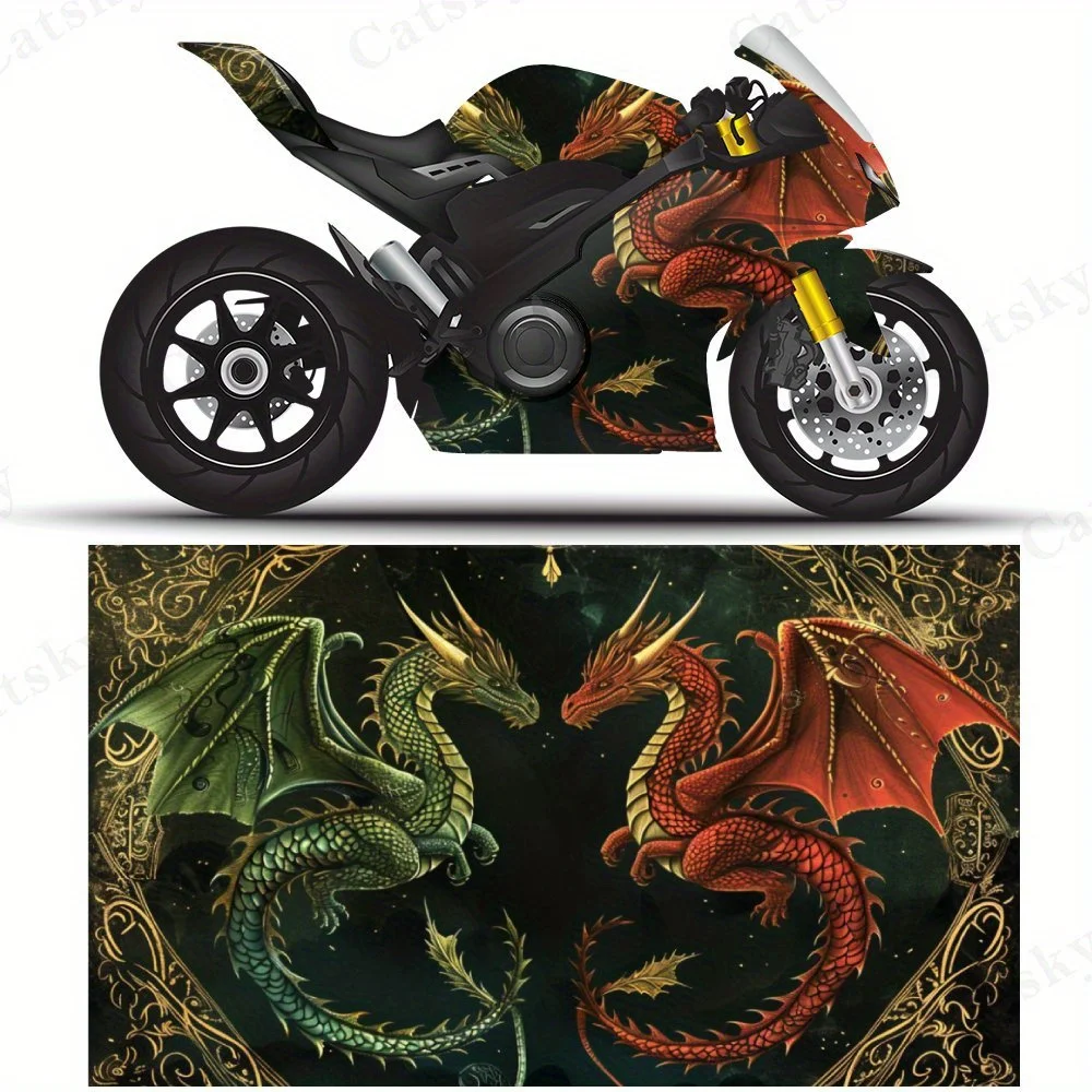 

Golden Patterned Twin Dragons Motorcycle Vinyl Wrap, PVC Self-Adhesive Waterproof Motorcycle Sticker, Anti-Scratch Decorative Fi