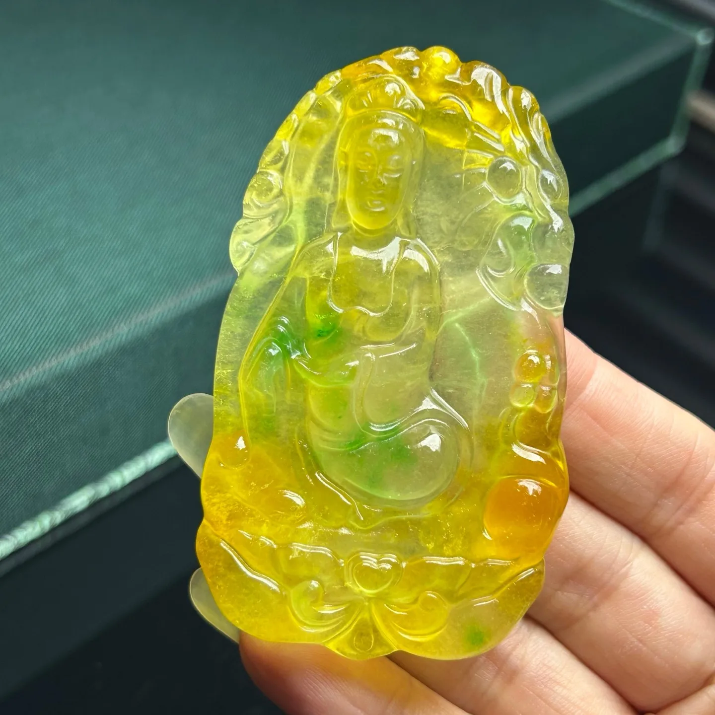 Real Natural High Ice Yellow Burme Jade Jadeite amulet Kwan-Yin Pendant&Necklace