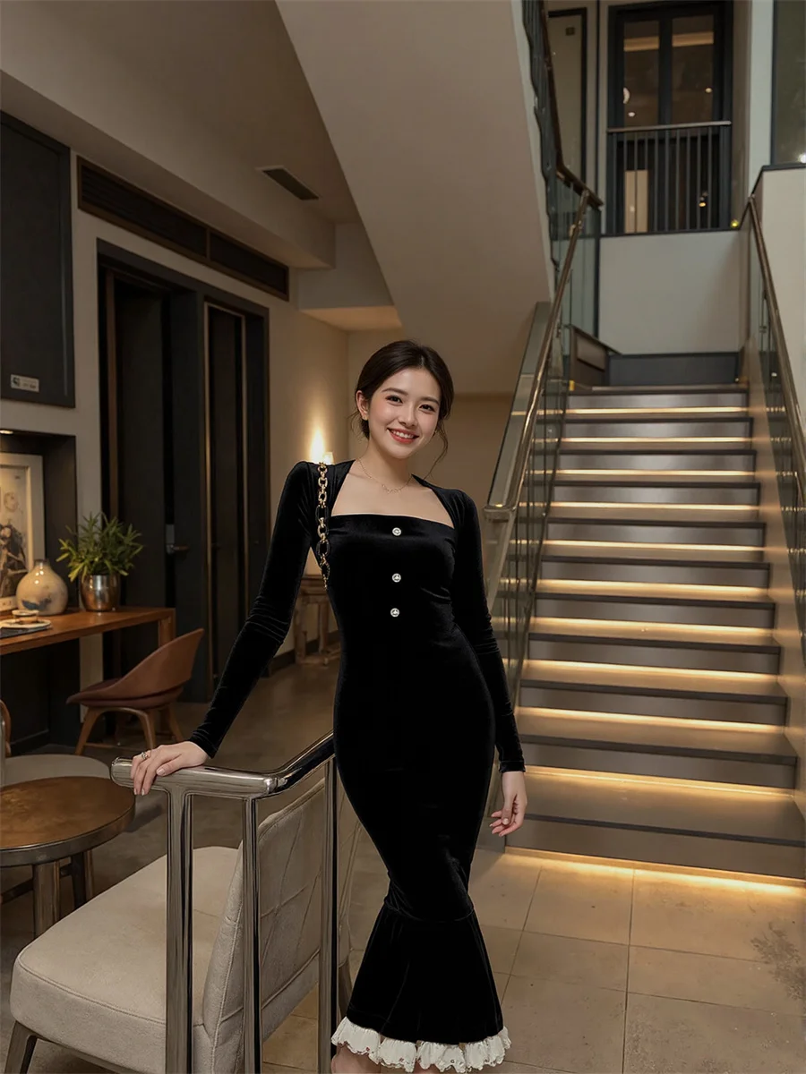 Vestido feminino vintage mulher elegante moda preto branco trompete sereia senhora lanterna lapela látex camadas em camadas de couro preguiçoso