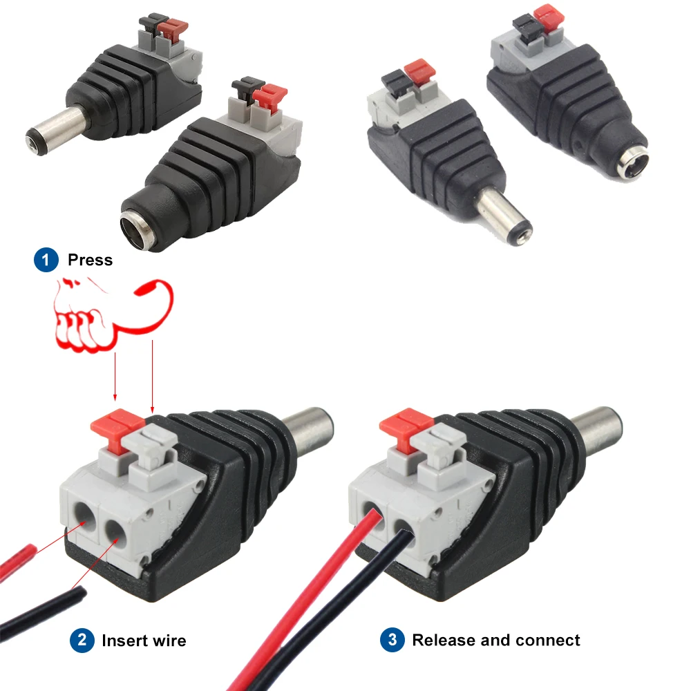 CCTV 카메라용 DC 전원 커넥터 플러그 잭, 암수 소켓 배럴, LED 스트립 공급 터미널 어댑터, 2.1mm x 5.5mm, 5 개, 12V