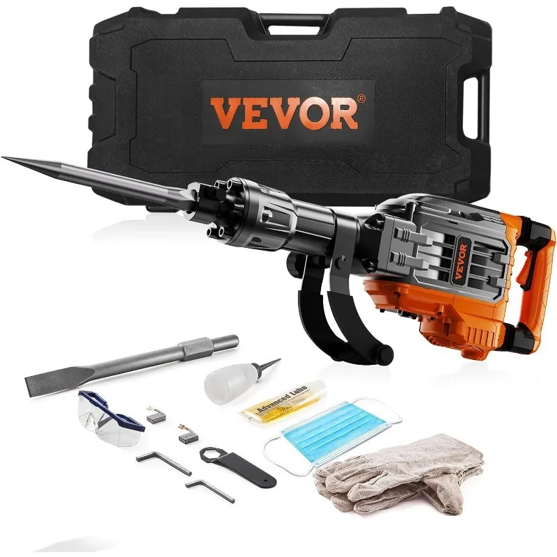 

VEVOR 3500W Electric Demolition Hammer, 1900 BPM Durable Jack Hammer, Concrete Breaker with 2 Chisels, Gloves, and a 360° Rotata