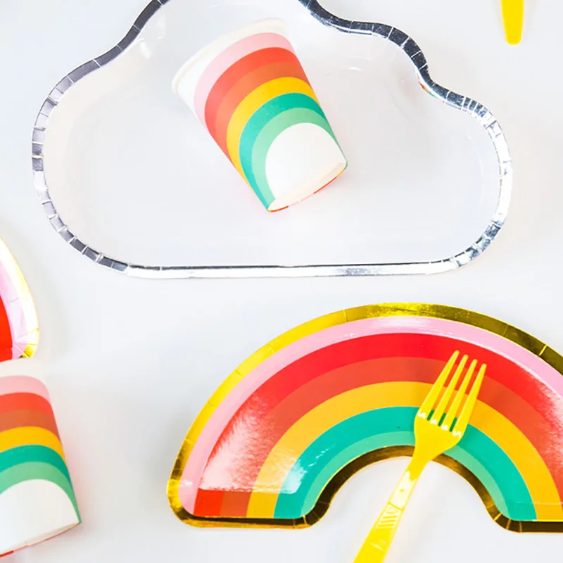 Rainbow Birthday Party Disposable Dinnerware Rainbow Shape Paper Plates Cup Napkin Happy Birthday Banner Rainbow Theme Decortion