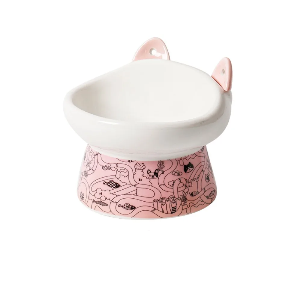 

Cute Ceramic Cat Bowl Large Capacity Non-slip Dog Food Feeding Basin with Cat Ear Spoon Anti Overturning Pet High Foot Bowl