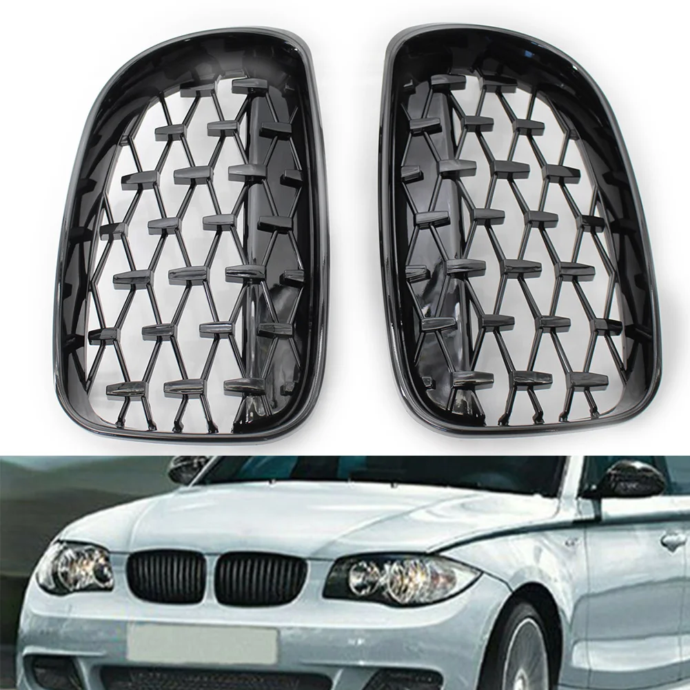 1Pair Car Front Grille For BMW E81 E82 E87 E88 1 Series 2008 2009 2010 2011 Glossy Black Diamond Meteor Styling Kidney Grill