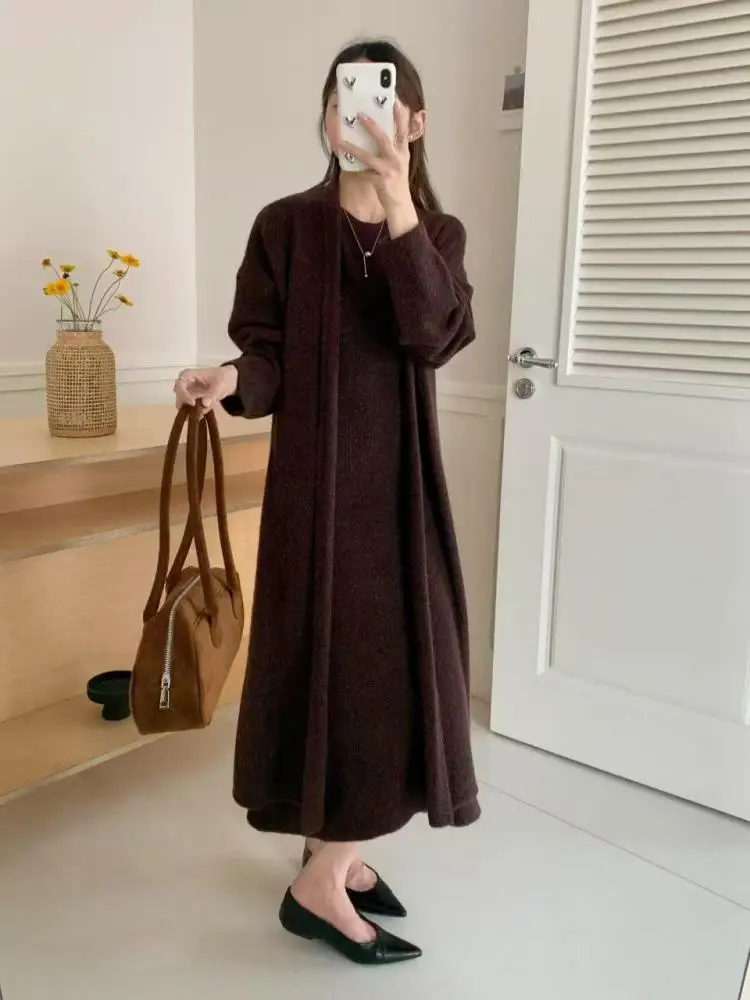 

Осень-зима 2022, женский элегантный кардиган с длинными рукавами, длинный свитер, пальто + вязаный жилет без рукавов, платье, комплект из двух предметов, популярный